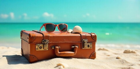 Vintage Suitcase Ready for Beach Adventure Sun, Sand, and Summer Essentials Await Carefree Journey