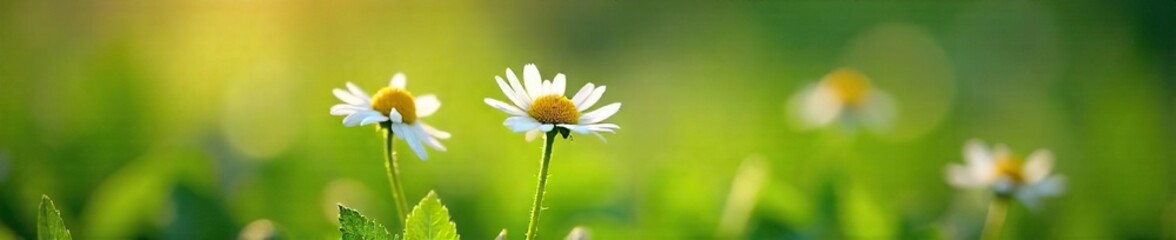Sunlit Chamomile Blossoms Emerging in Spring Green Foliage A Close-Up of Delicate Herbal Flowers Perfect for Wellness and Nature Themes