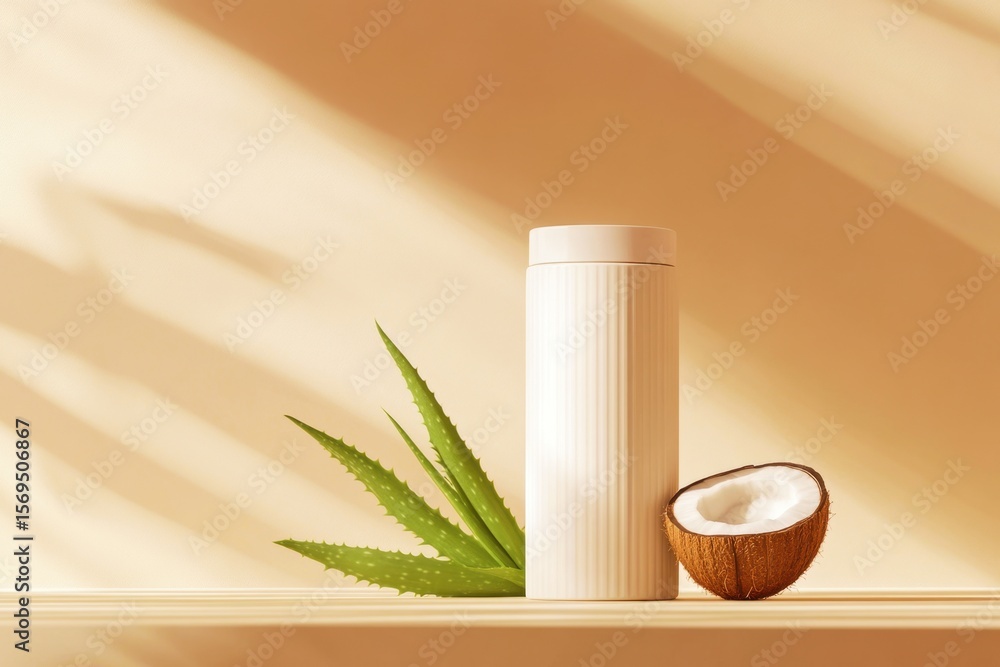 Poster minimalist composition with white container on shelf featuring fresh coconut and aloe vera with soft