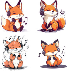 cute fox listen music designe vector style on white background