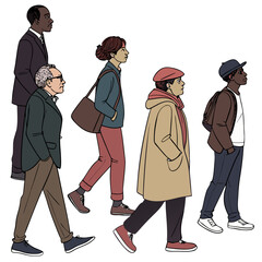 character design, illustration, simple elegant style, diverse group of people walking, young and old, male and female, different clothing styles, stylized proportions, minimal color palette, digital p