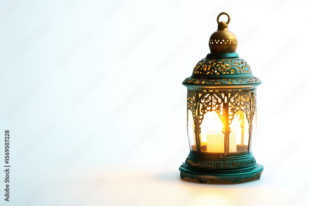 Poster ornate lantern with intricate designs casting warm glow against soft background in tranquil setting 