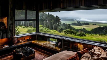 Serene coastal retreat: A cozy cabin interior featuring panoramic views of nature and the ocean