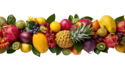 Healthy Mixed Colorful Tropical Fruit Pile Horizontal on Transparent Background