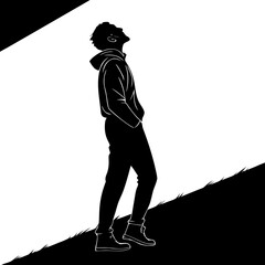 person standing on a path,high contrast lighting,dynamic composition,dramatic shadow,detailed silhouette,moody atmosphere,cinematic style
