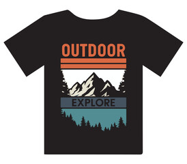Black t shirt with a graphic design featuring mountains trees and water with the words outdoor and explore