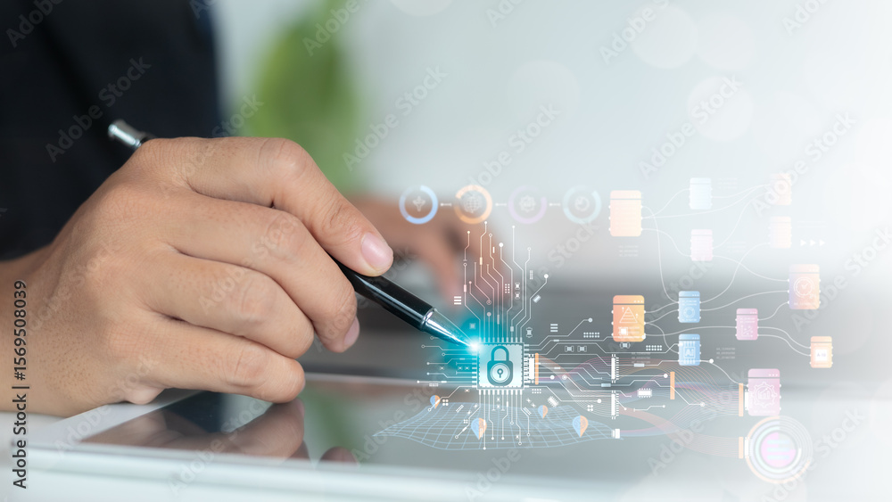 Poster hand using digital pen on tablet with cybersecurity, data protection, and network interface, futuris