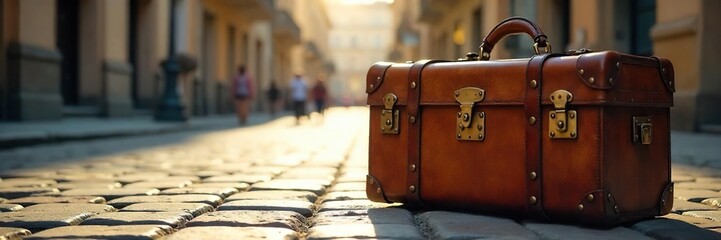 Vintage Leather Suitcase on Cobblestone Street Nostalgia, Adventure, and the Open Road
