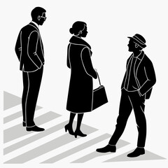 silhouette, three people, man in suit, woman in dress, man in hat, black and white, minimalist art, abstract figures
