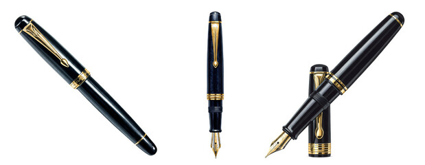 Three fountain pens with gold accents displayed against a plain backdrop in a studio setting on transparent background