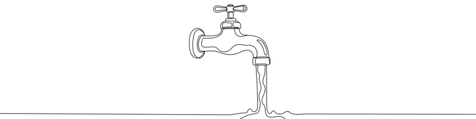 Black water tap with flowing water in one line art style. Tap drawing with editable stroke on white background. Vector illustration.