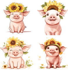 Cute happy pig with sunflower hat vector style on white background