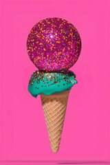Christmas glitter ice cream cone surreal dessert festive pop art style vibrant pink teal candy holiday decor quirky whimsical art print modern neon wall art fun winter aesthetic sparkle joy