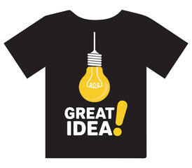 Black t shirt with a bright yellow light bulb graphic and the words great idea in white text symbolizing innovation and creativity