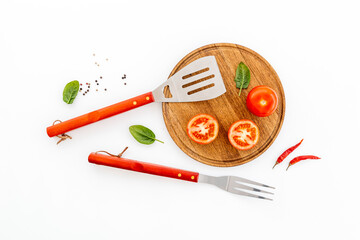 Top view of barbecue utensils with cutting board. Picnic party concept