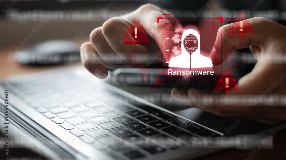 Aufkleber hands holding a smartphone with a ransomware warning and a hacker alert, representing a cybersecurit