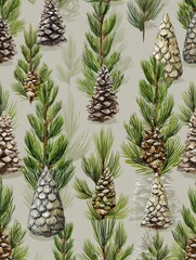 illustration with repeating pine nuts and pine cones on a soft background, suitable for packaging or health branding. seamless pattern, pine cones and nuts, background design, packaging motif, 