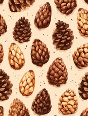 illustration with repeating pine nuts and pine cones on a soft background, suitable for packaging or health branding. seamless pattern, pine cones and nuts, background design, packaging motif, 