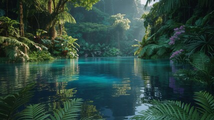 Fototapeta premium Serene jungle river flowing through lush tropical rainforest with vibrant flora and dappled sunlight