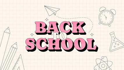 Retro back to school banner with minimalist outline icons on grid paper background. Vector illustration
