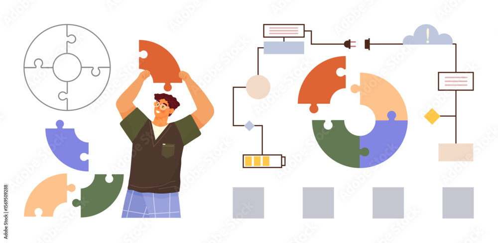Poster man arranging colorful puzzle pieces, connecting elements in workflows. ideal for teamwork, collabor