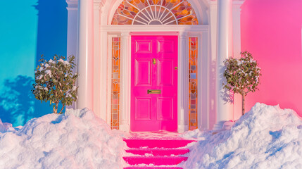 Colorful Christmas snow house pink front door pastel holiday decor surreal winter wonderland whimsical art photography pop aesthetic festive greeting card candy color dream Christmas scene