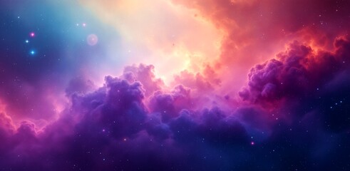 A pink purple gold nebula sparkles in the darkness of space
