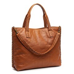 traditional thai leather tote bag with handwoven strap detail, rustic finish, high resolution image, isolated on white background