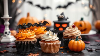 Festive Halloween cupcakes with spooky bat toppings and pumpkin decorations