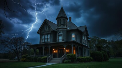 Haunted Victorian house with lightning in a stormy night sky