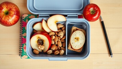 Healthy lunchbox with apples, nuts, and dried fruit