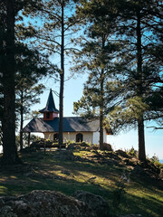 Mountain chapel surrounded by pine forest