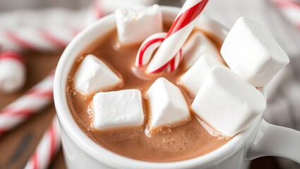 Decadent hot chocolate topped with marshmallows and a festive candy cane
