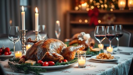 Festive Thanksgiving dinner with roasted turkey, wine, and candles