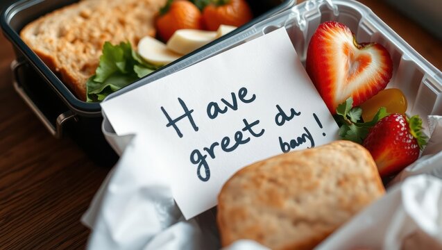 Colorful lunchbox with healthy food and a handwritten note