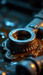 Gleaming Steel Component Submerged in Lubricating Oil Industrial Machinery Maintenance Close-Up