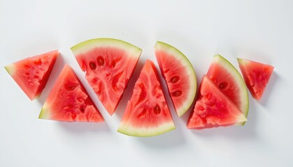 pale pink watermelon slices in gentle splash, pastel summer fruit identity, vibrant but calm visual, overhead shot on clean white