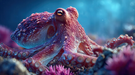 An exquisite octopus with detailed features and vibrant colors in a close-up underwater shot.