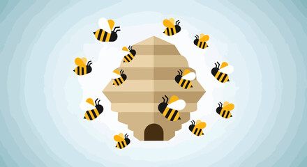 Naklejka premium Cartoon Bees Flying Around a Beehive with Black and Yellow Stripes