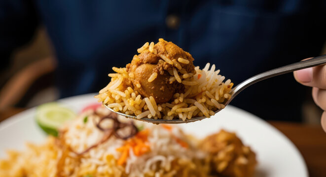 A person taking a bite of flavorful Indian chicken biryani with a fork from a full plate showcasing the delicious texture of the rice and meat