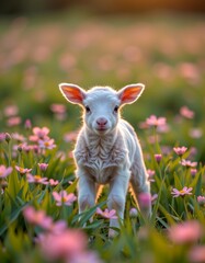 Fototapeta premium baby lamb in pastel flower field at golden hour, peaceful rural spring mood