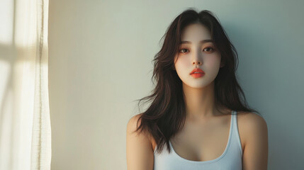 Fototapeta premium stunning young Asian woman with long dark hair poses against soft background, exuding confidence and grace