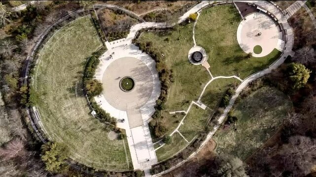 Overhead drone sequence of Colle Oppio Park gently revealing the hidden Domus Aurea layout beneath the surface