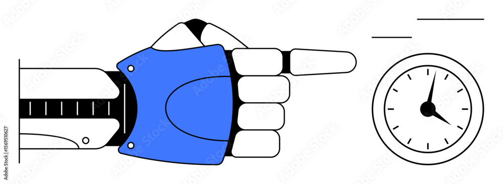 Poster robotic arm in blue glove pointing to analog clock emphasizing automation, precision, and time consc