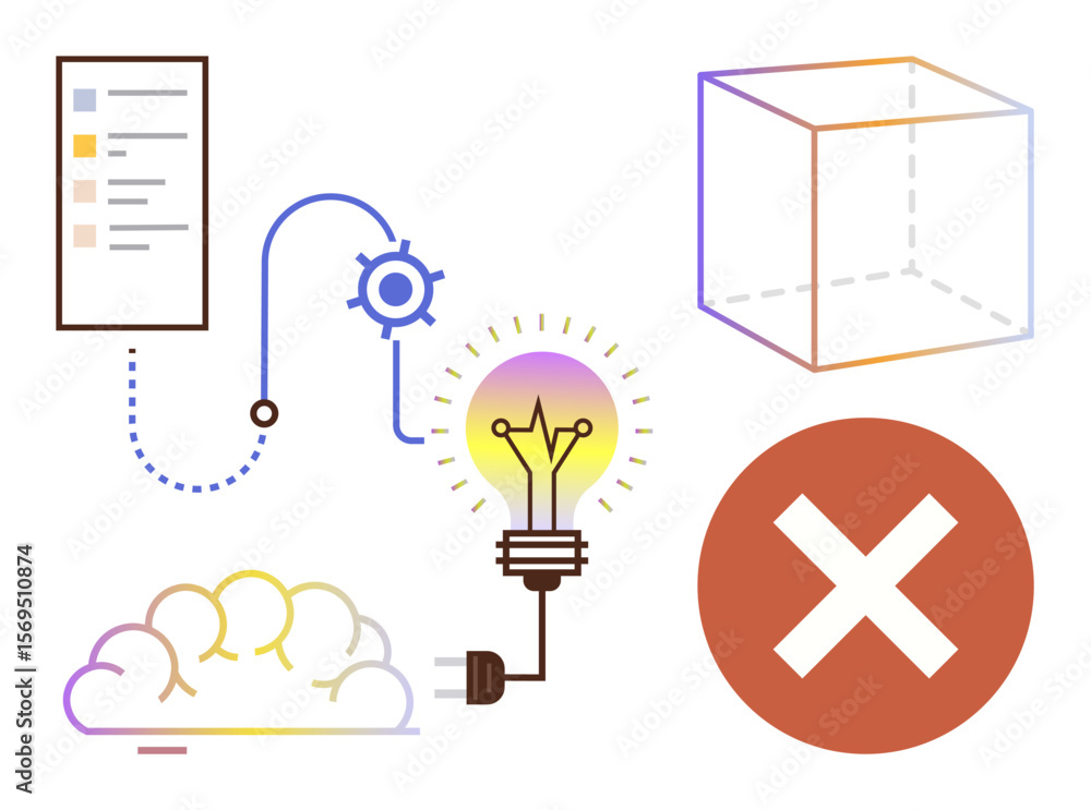 Poster lightbulb on cord, decision tree, gear, cloud, wireframe cube, and red cross. ideal for ideas, innov