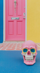 Pop culture pink skull sunglasses yellow wall blue floor modern halloween quirky home decor pink exterior door pastel colors creative art concept trendy editorial 80s retro mockup Halloween copy space