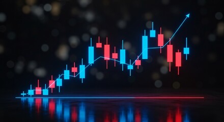 Glowing neon candlestick chart with upward trend and bokeh background
