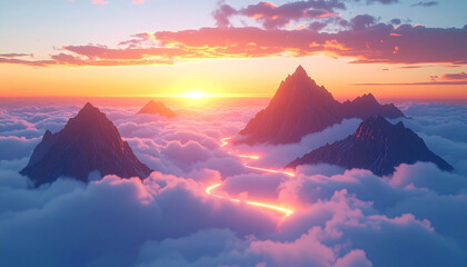 A surreal photo. Floating mountains, sea, clouds, illuminated sunset, glowing river running, air, ultra-realistic textures, cinematic lighting, unseen fantasy landscape, stock-ready, commercial use.