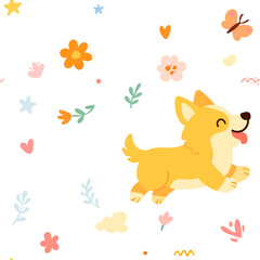Fototapeta premium Seamless pattern with funny cartoon corgis dogs. Great for fabric, textile