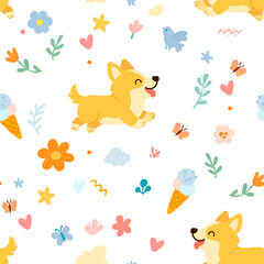Seamless pattern with funny cartoon corgis dogs. Great for fabric, textile